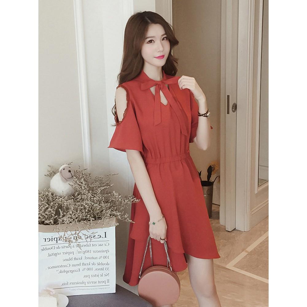 ĐẦM VOAN NHÚN EO BUỘC NƠ NỮ SINH HAI MÀU XANH, CAM