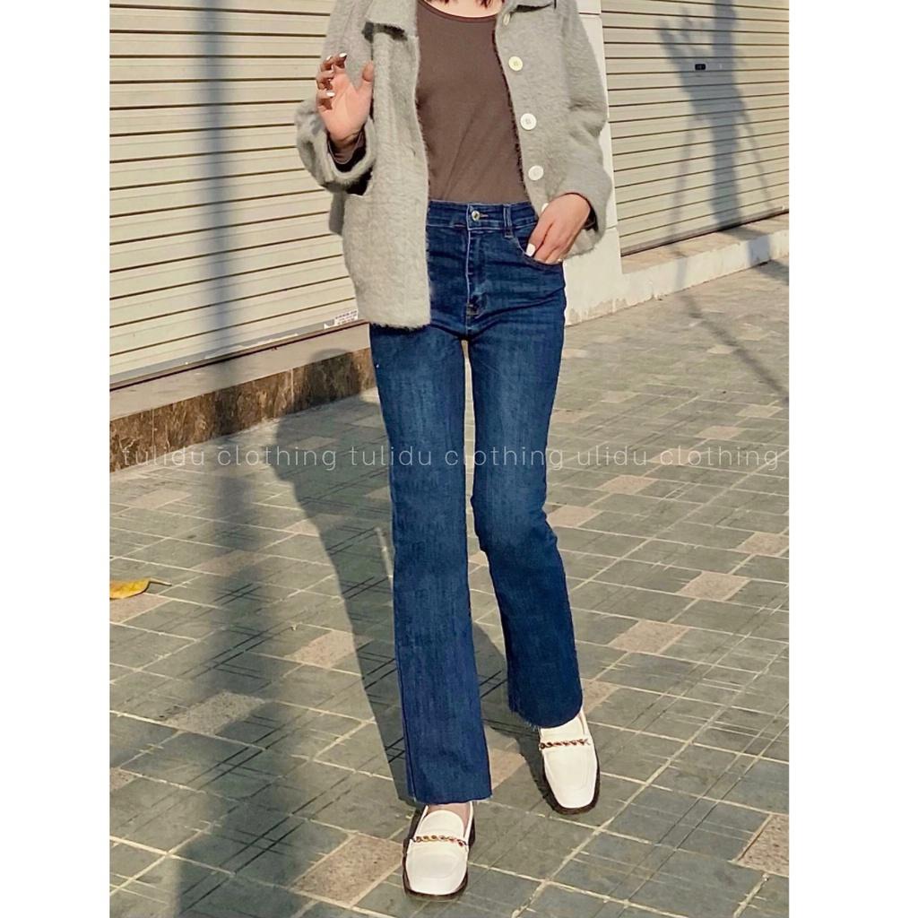 Quần Jean Ống Loe Flared Jean Lưng Cao Màu Xanh Gấu Cắt Co Giãn TULIDU Quần Bò Ống Loe #T83