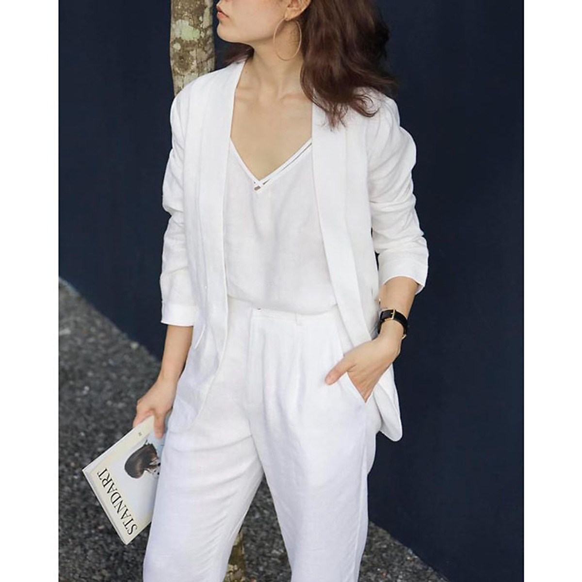 Áo vest blazer linen nữ ve tròn túi bổ 1 khuy trẻ trung