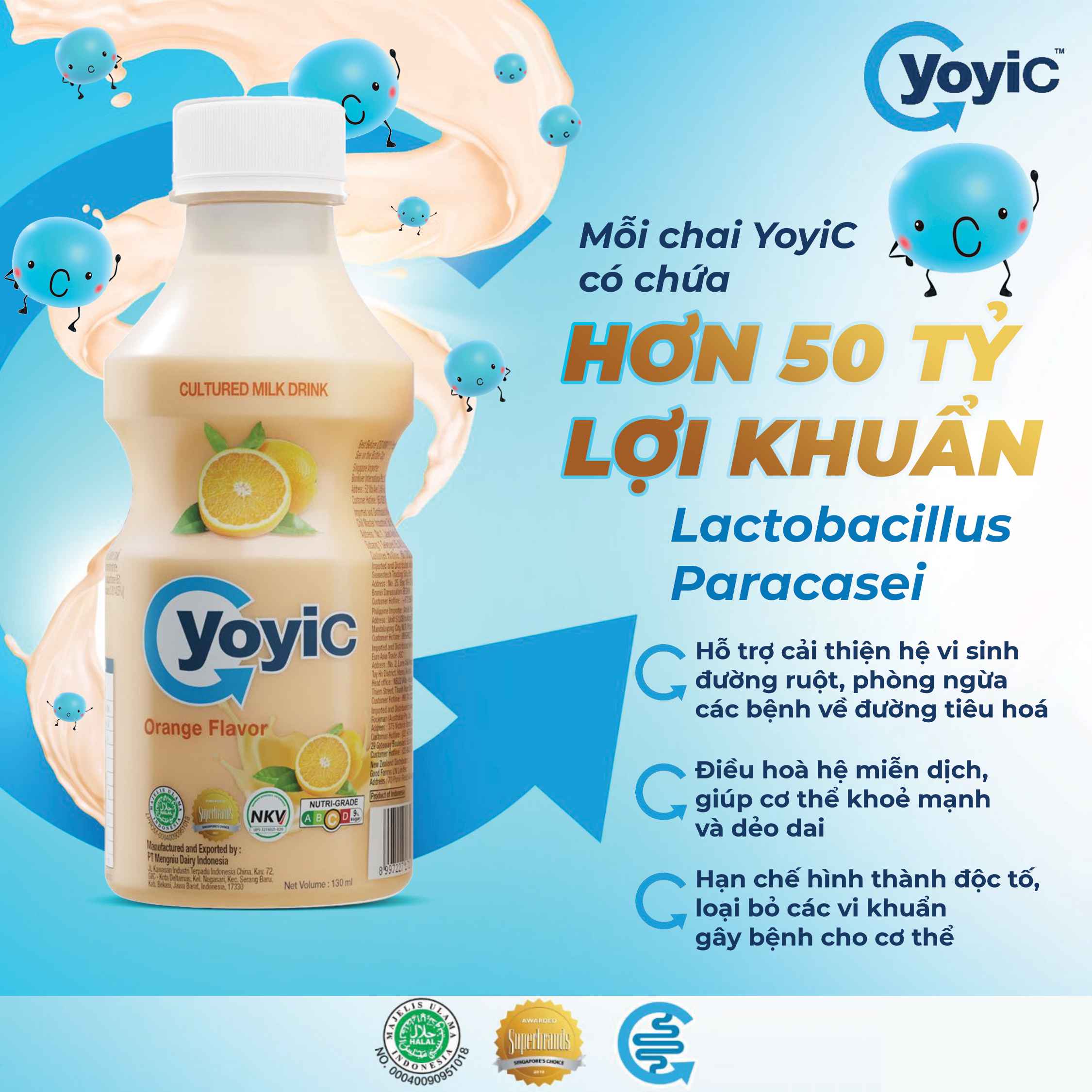 (Lốc 12 chai) Sữa Chua Uống YOYIC Lên Men Tự Nhiên Hỗ Trợ Tiêu Hoá 130ml - Vị Cam