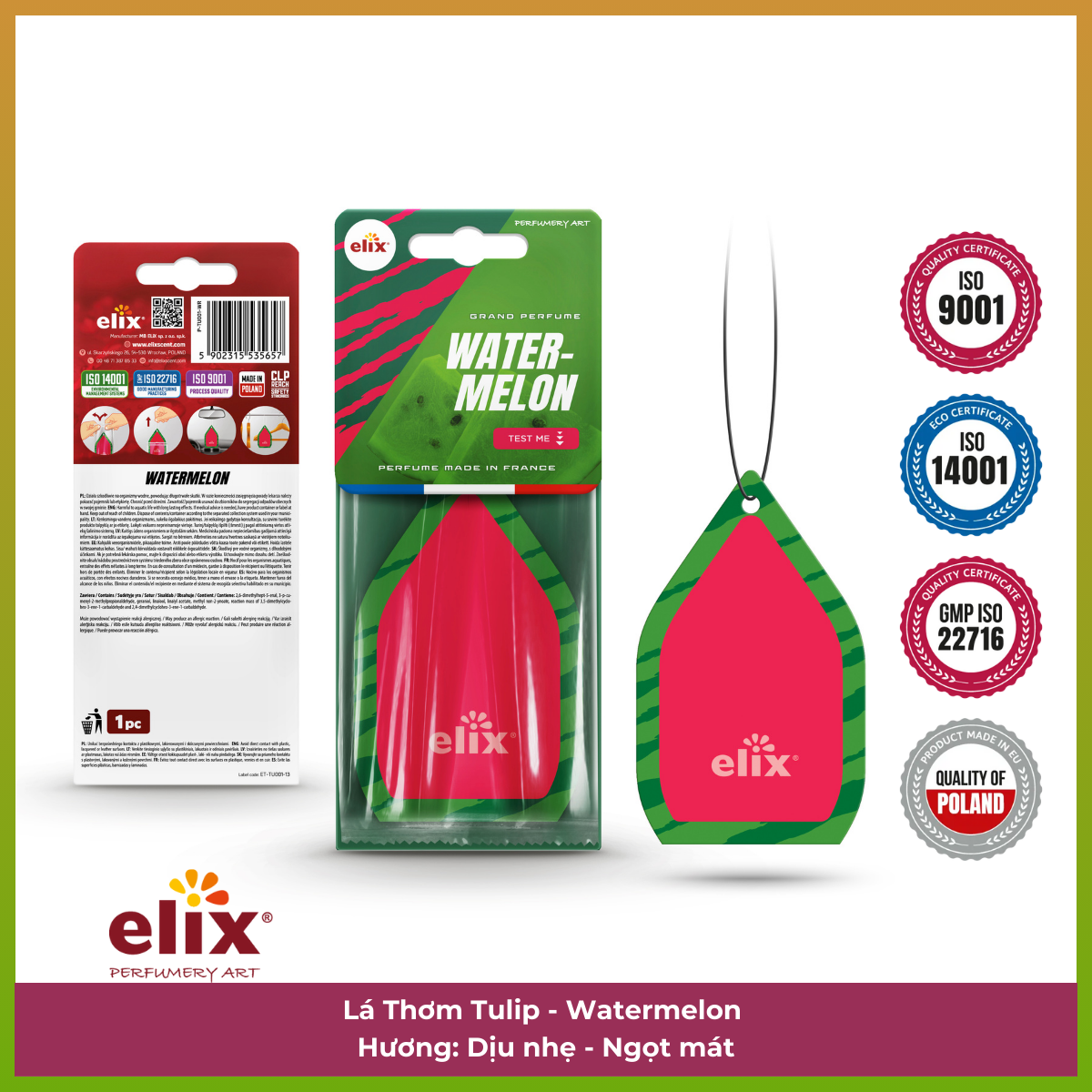 Giấy thơm  treo Ô tô Elix Tulip - Hương Watermelon (Dưa hấu, dịu nhẹ, ngọt ngào)