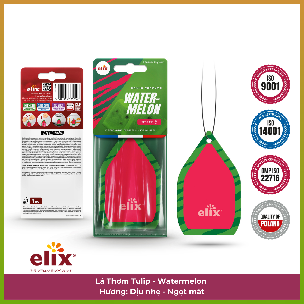 Giấy thơm treo Ô tô Elix Tulip - Hương Watermelon (Dưa hấu, dịu nhẹ, ngọt ngào)