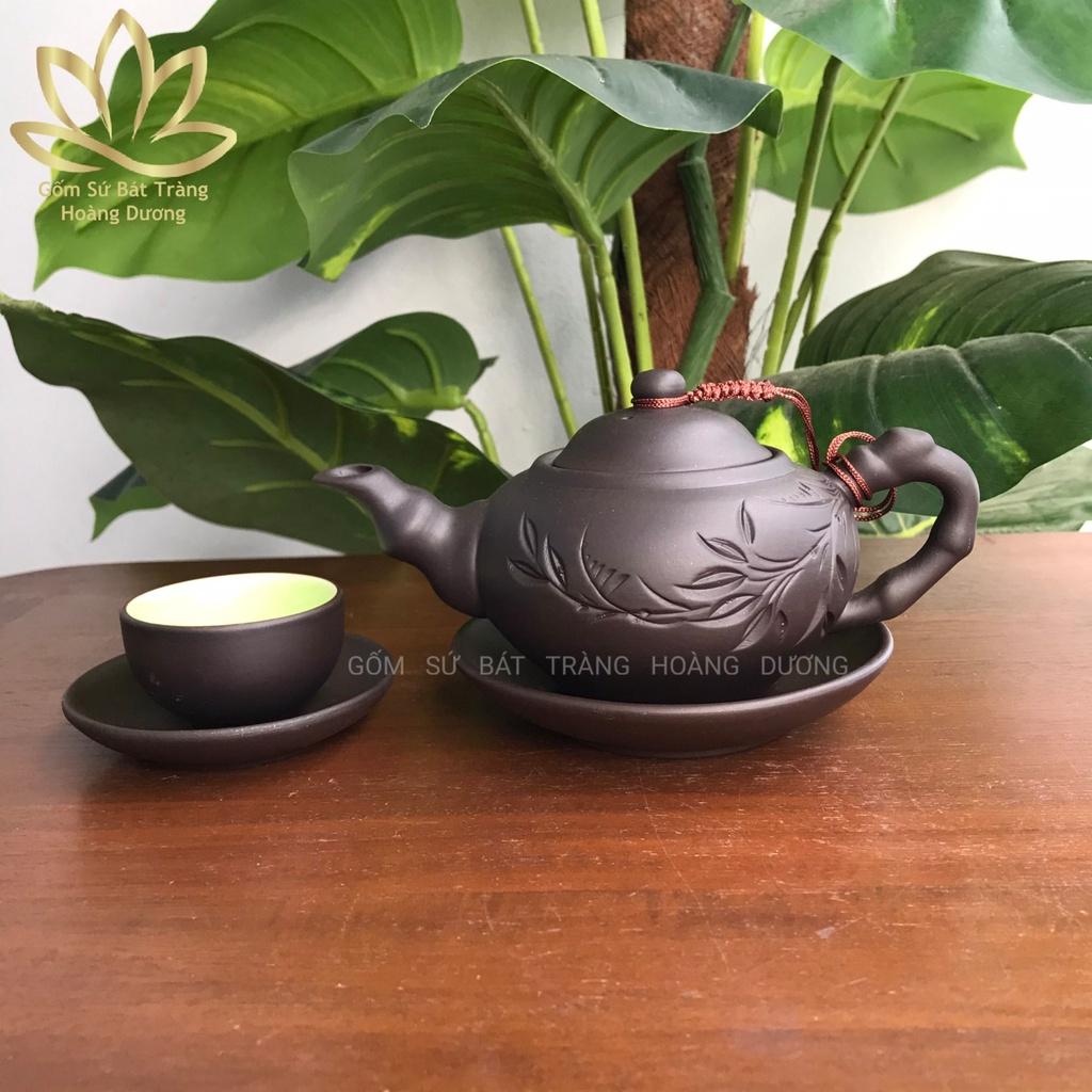 Bộ ẤM chén trà đất nung Bát Tràng khắc cành trúc 280ml