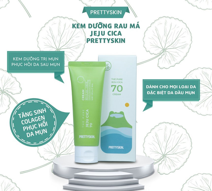 Kem dưỡng rau má PrettySkin The Pure Jeju Cica 70 Cream 50ml - làm dịu và lành da, hạn chế các vết thâm