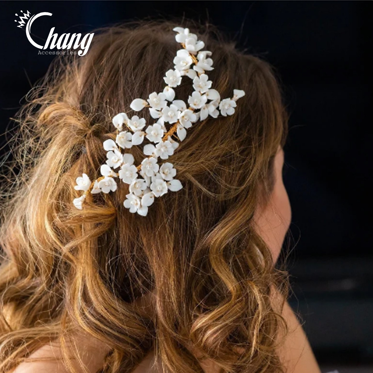 Bộ cài tóc khuyên tai màu trắng cho cô dâu phong cách hiện đại thiết kế thủ công cao cấp