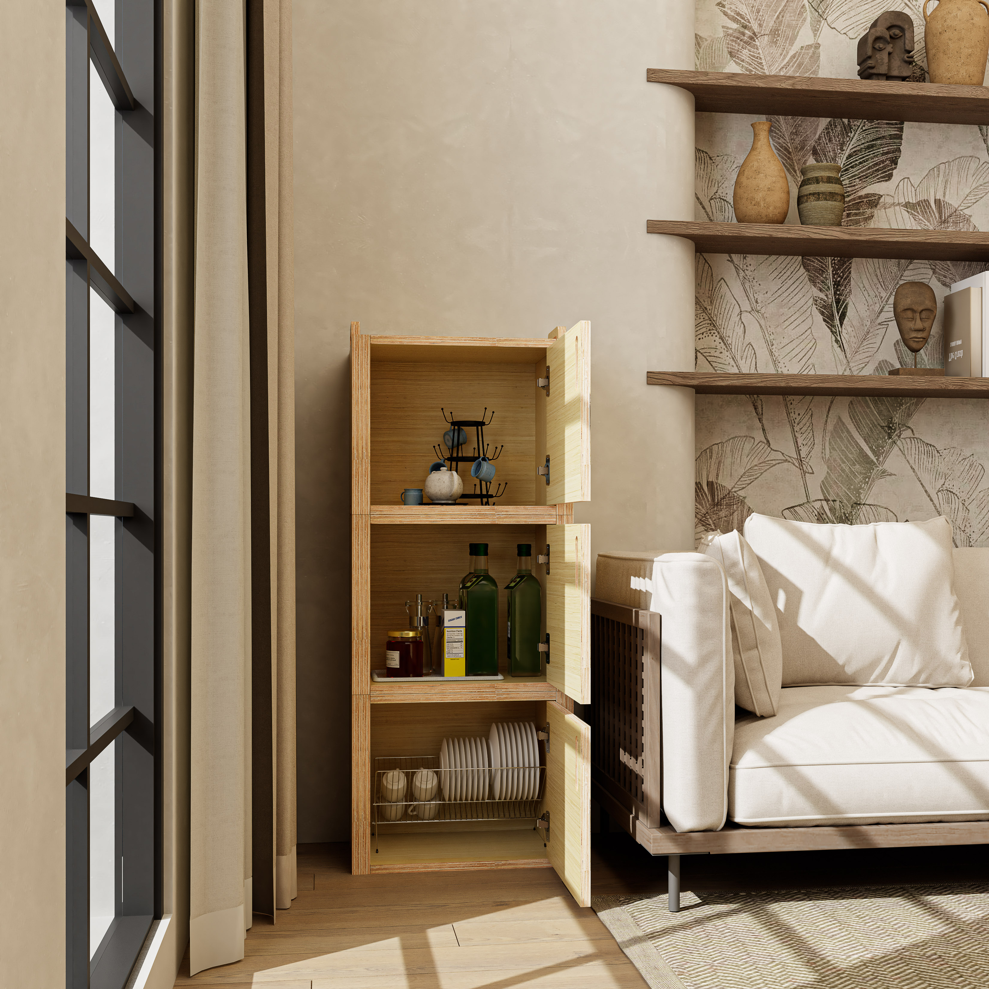 HAPPY FURNITURE , Gỗ tự nhiên , Tủ lưu trữ 3 cửa mở gỗ Plywood - GAMOR , TCM_205 , 45cm x 30cm x 112cm DxRxC