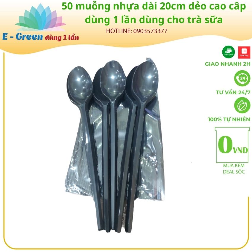 50 muỗng nhựa dài 20cm dẻo cao câp dùng 1 lần dùng cho trà sữa - E Green Dùng 1 Lần