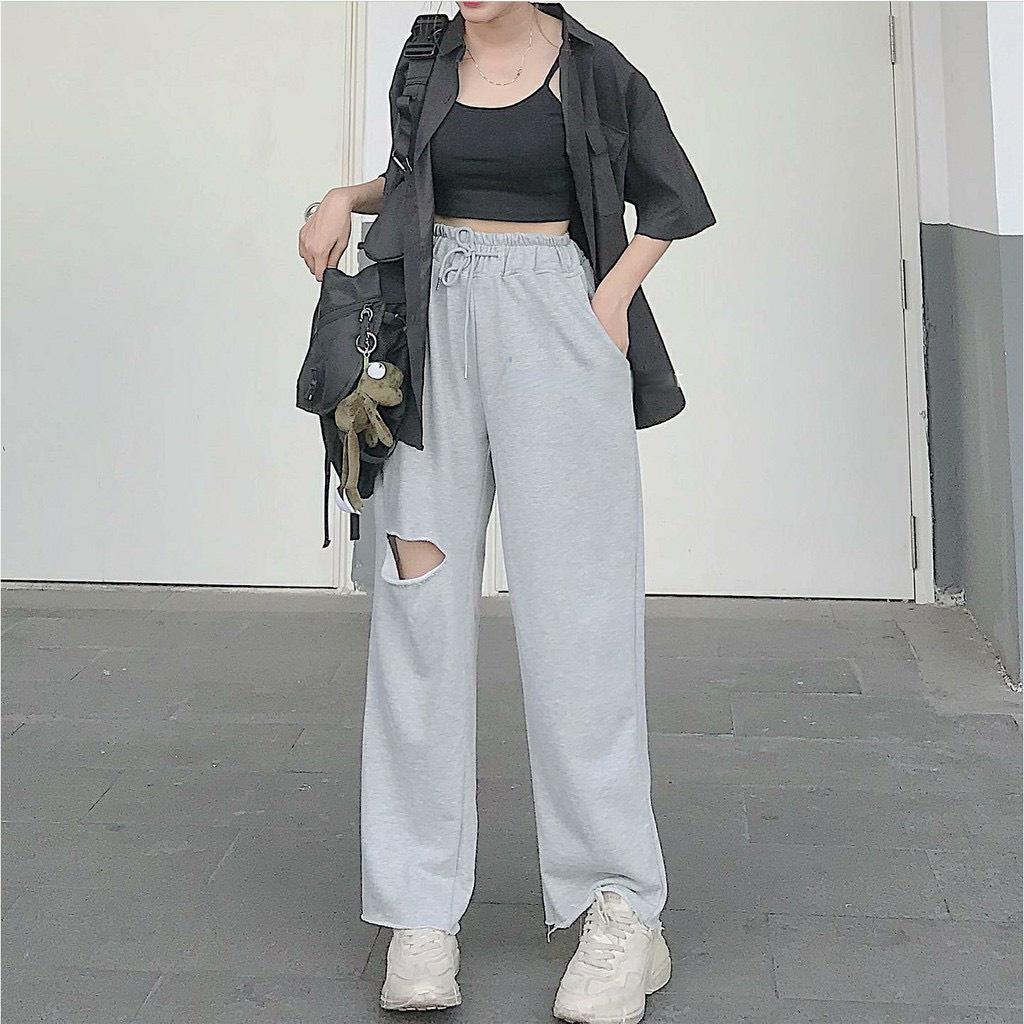 Quần ống rộng nữ cạp chun lai tưa chất nỉ da cá đẹp