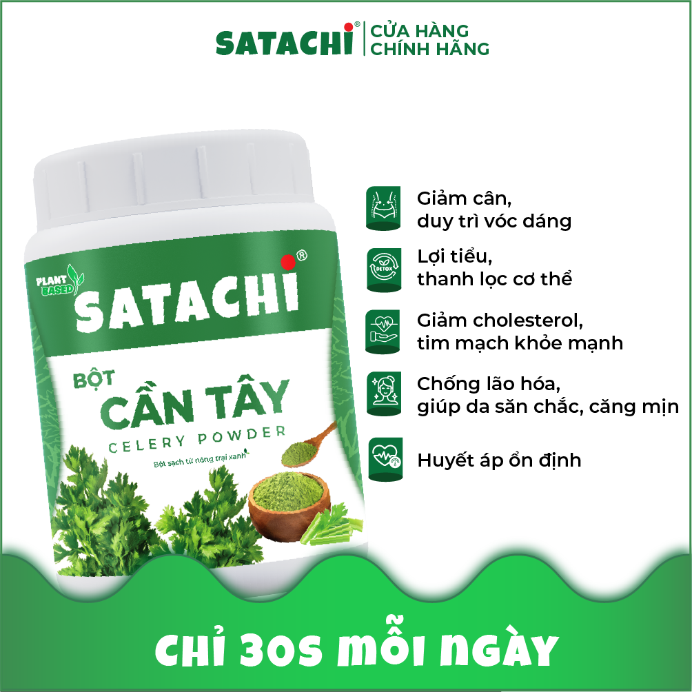Bột Cần Tây nguyên chất SATACHI. Giảm huyết áp, tim mạch khỏe mạnh, giảm cân hiệu quả, thanh lọc cơ thể. Hộp 98g