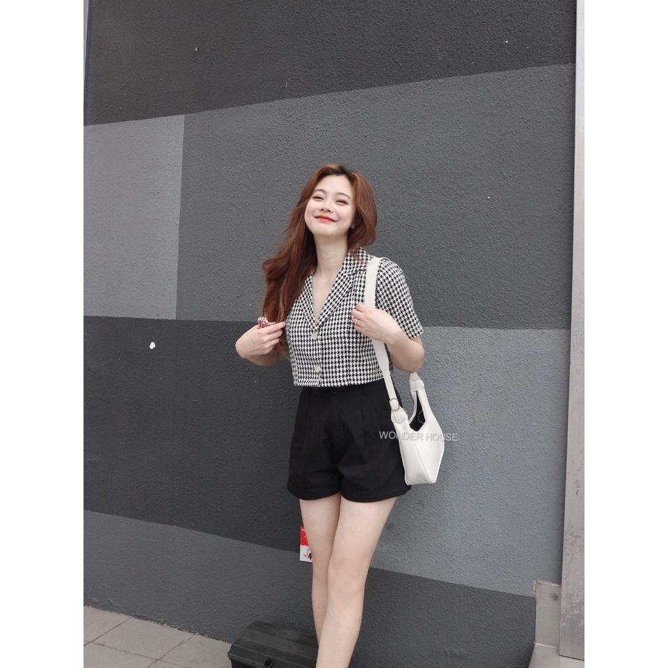Áo sơ mi Wonderhouse cổ Vest tay ngắn croptop vải 2 lớp đi làm, dạo phố sang chảnh, nữ tính - Lita shirt
