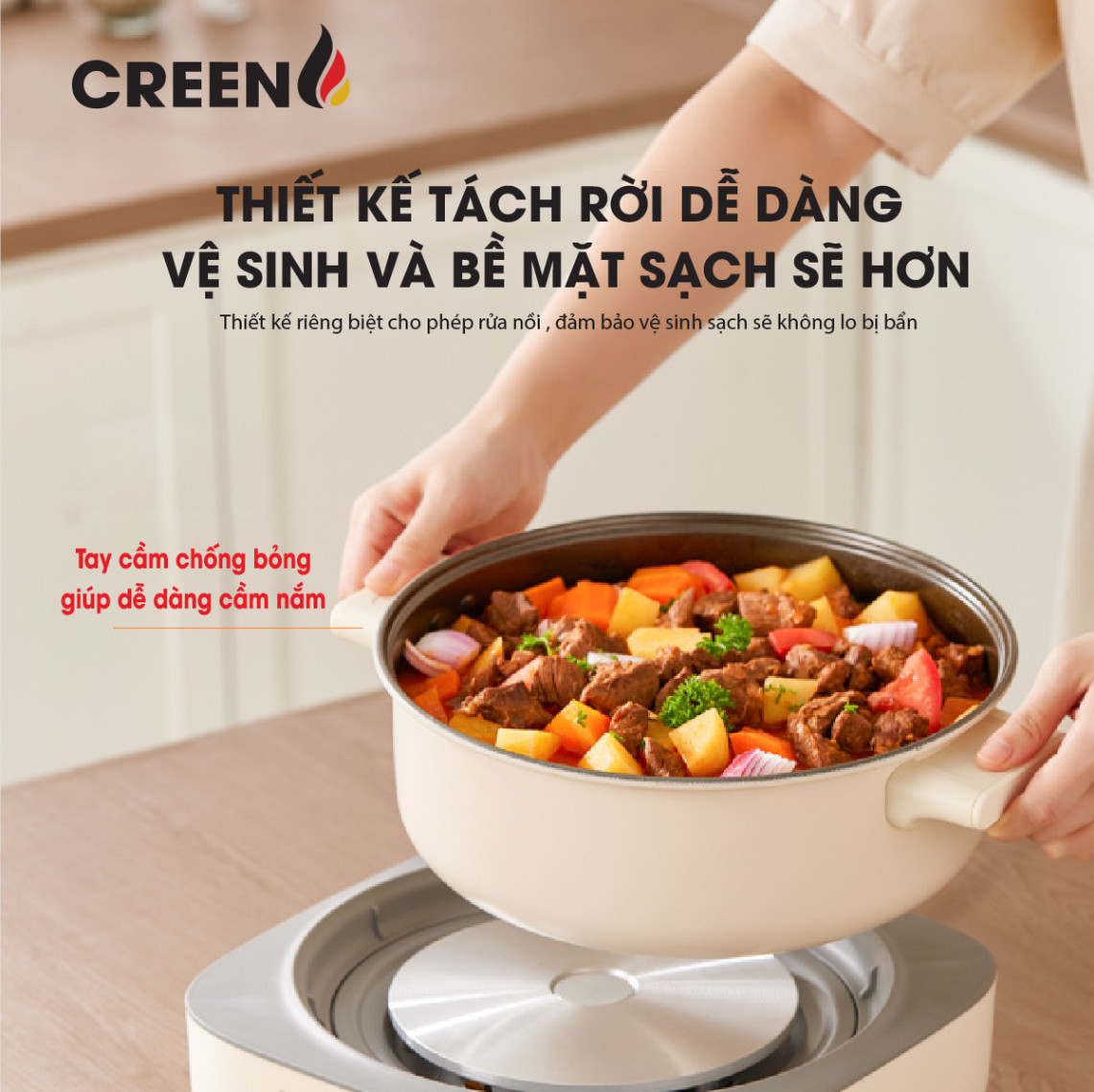 Nồi Lẩu Điện Đa Năng 5L CREEN CR-HP05 Thiết Kế Tháo Rời Độc Đáo, 1500W Bảo Hành 12 Tháng - Hàng Chính Hãng