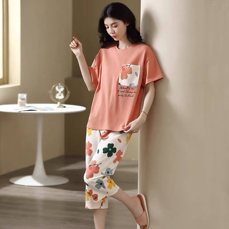 Đồ bộ mặc nhà cotton nữ tay ngắn quần lửng hình hoa mai 573 dễ thương