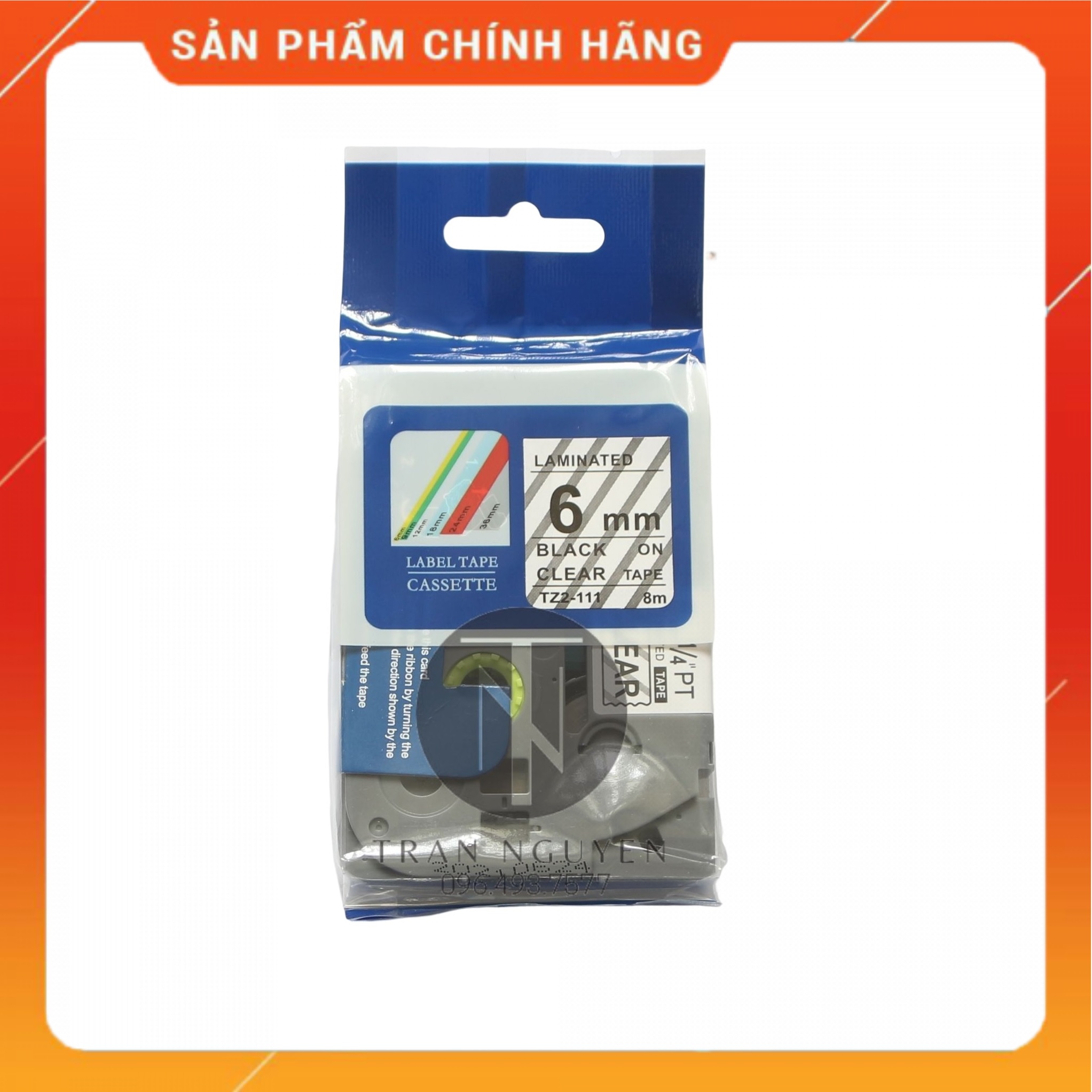 Nhãn In Brother Tz2-111 Đen nền trong 6mm x 8m - Hàng nhập khẩu