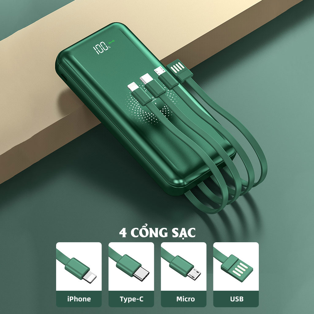 Pin sạc dự phòng Tích hợp sạc không dây HXSJ 10000mAh, Hỗ trợ sạc nhanh cổng usb 2.1A Kèm sẵn 4 đầu sạc cho các dòng điện thoại - Hàng chính hãng