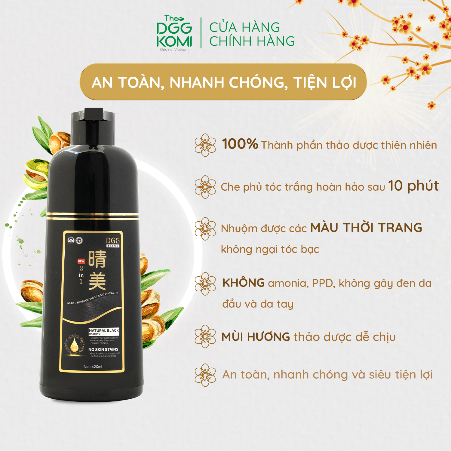 Dầu gội nhuộm tóc thảo dược DGG KOMI Việt Nam lên màu nhanh chóng chuẩn salon chiết xuất thiên nhiên dạng chai 420ml