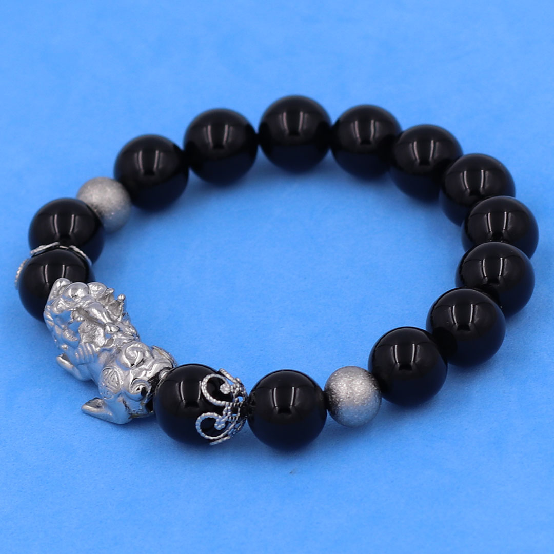 Vòng chuỗi đeo tay đá thạch anh đen 12 ly charm tỳ hưu inox, bi inox, khía bông inox, vòng tay phong thuỷ
