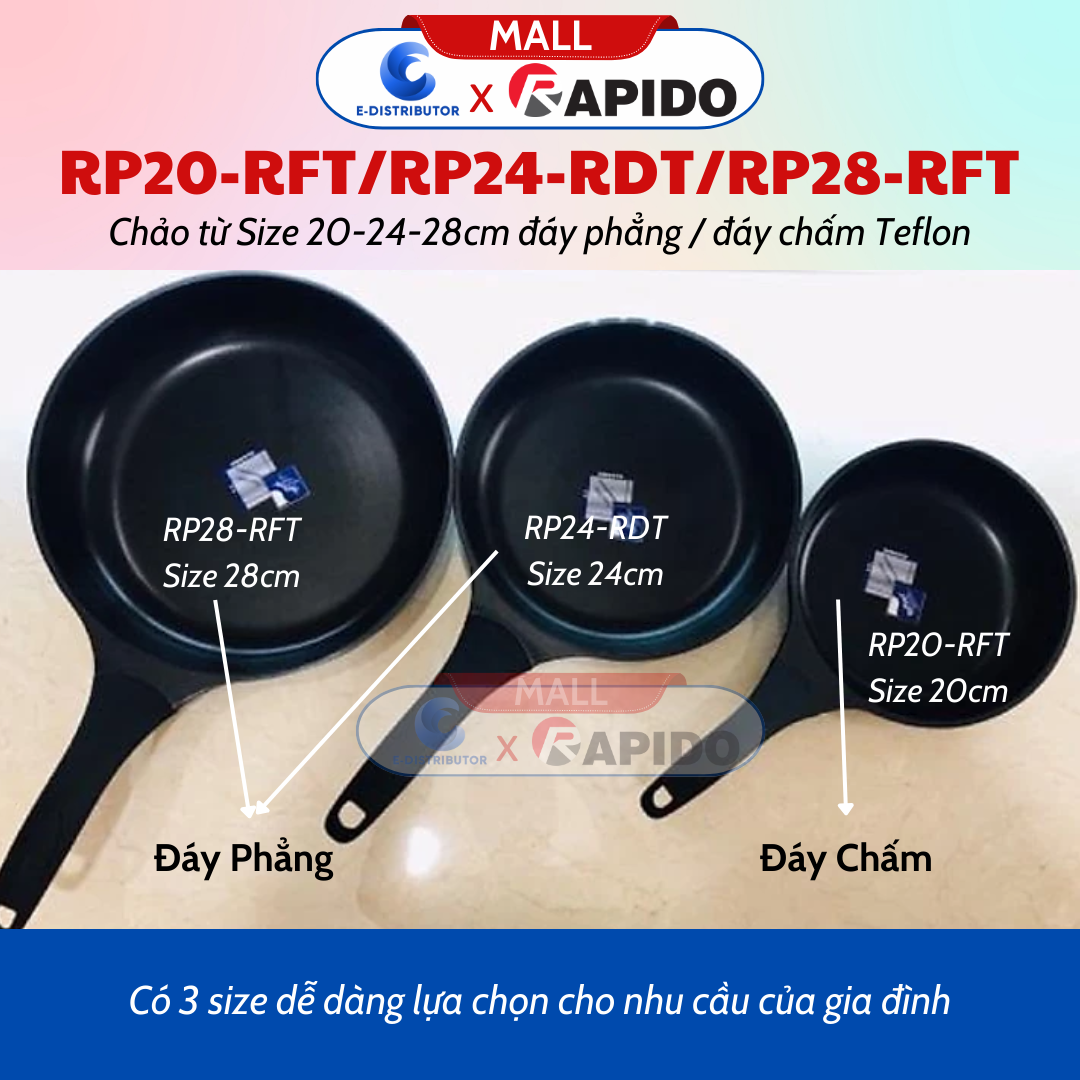 Chảo Từ Rapido Size 28cm Đáy Phẳng Teflon RP28-RFT - RP20-RFT (Size 20cm, Đáy Phẳng) - RP24-RDT (Size 24cm, Đáy Chấm) - Hàng Chính Hãng - Chịu Nhiệt Lên Tới 500 Độ C