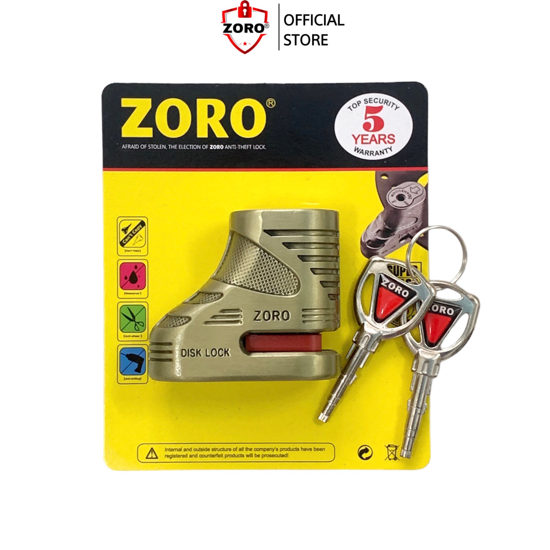 Ổ khóa đĩa xe máy ZORO màu vàng đồng chìa tròn - chất liệu thép chống gỉ - hàng chĩnh hãng