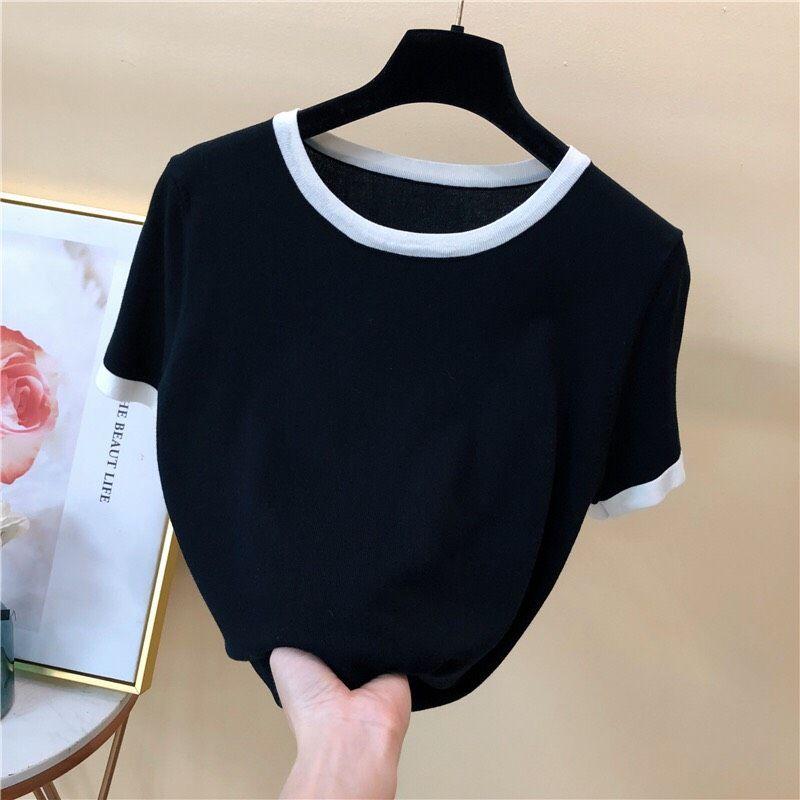 Áo thun gân tay ngắn phối bo cổ