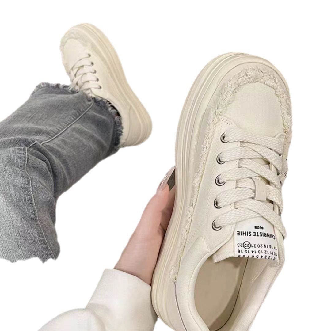 Giày thể thao nữ rách tua rua đế cao 3cm, Giày Sneaker nữ chất vải canvas dáng basic