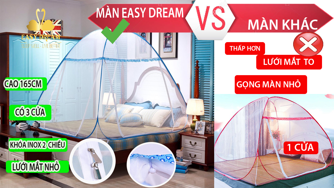 Mùng chụp tự bung gấp gọn người lớn - màn chụp tự bung - cao 1m65 - khóa inox loại tốt vải dày - cao cấp EASY DREAM