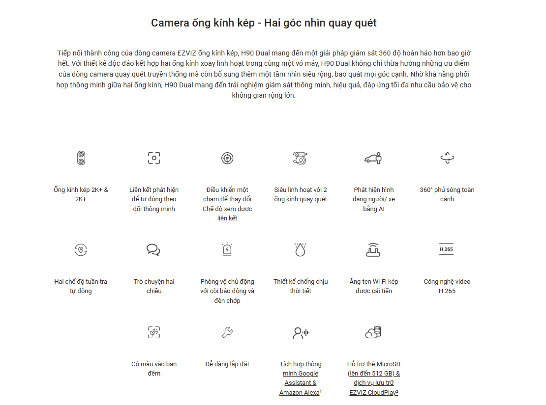 Camera 2 Mắt Ezviz H90 Dual Lens 2K+ (4MP+4MP), Hồng Ngoại 30m, Đàm Thoại 2 Chiều, Đèn Còi Báo Động - Hàng chính hãng