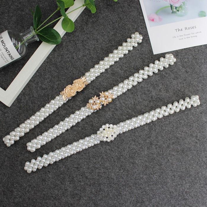 Đai váy ngọc trai nhân tạo bản nhỏ cho nữ, thiết kế mặt đá nhân tạo lấp lánh, nhiều kiểu mẫu thời trang