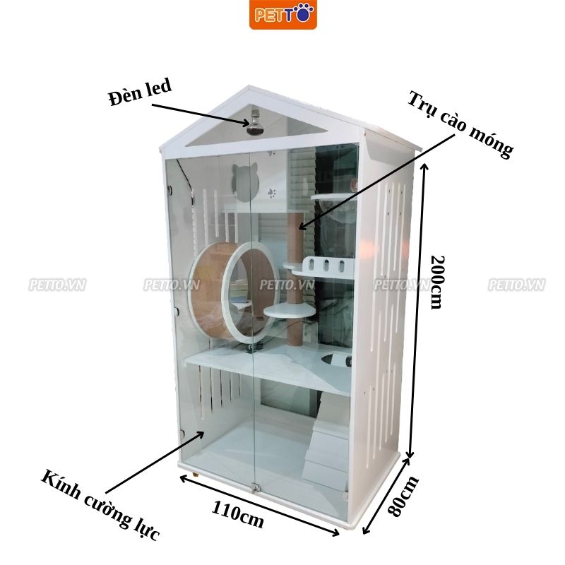 Tủ nuôi mèo bằng GỖ + cửa kính cường lực trong suốt SANG TRỌNG 2 tầng kết hợp BÁNH XE CHẠY BỘ cho mèo CC047