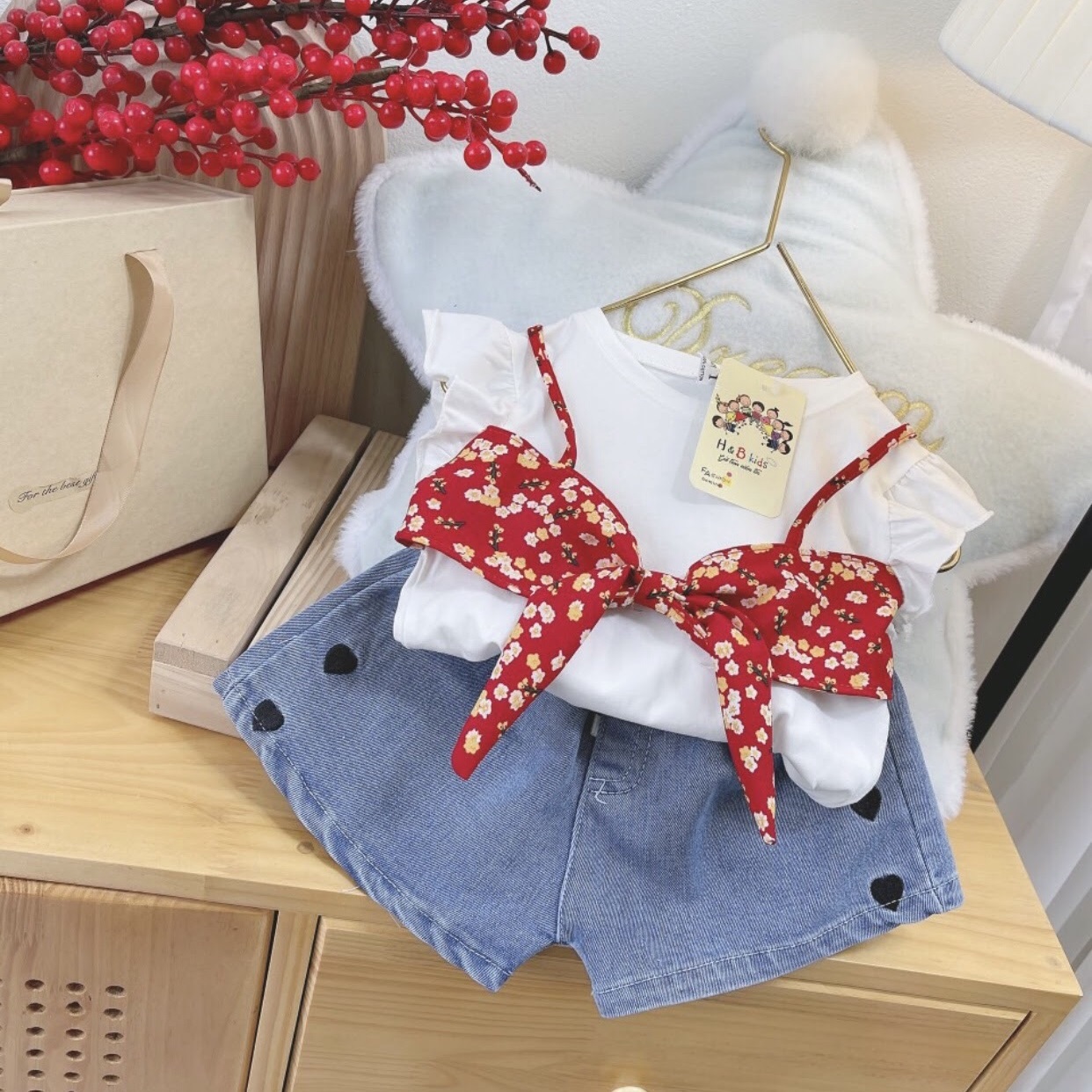 Set áo nơ quần jean cho bé gái