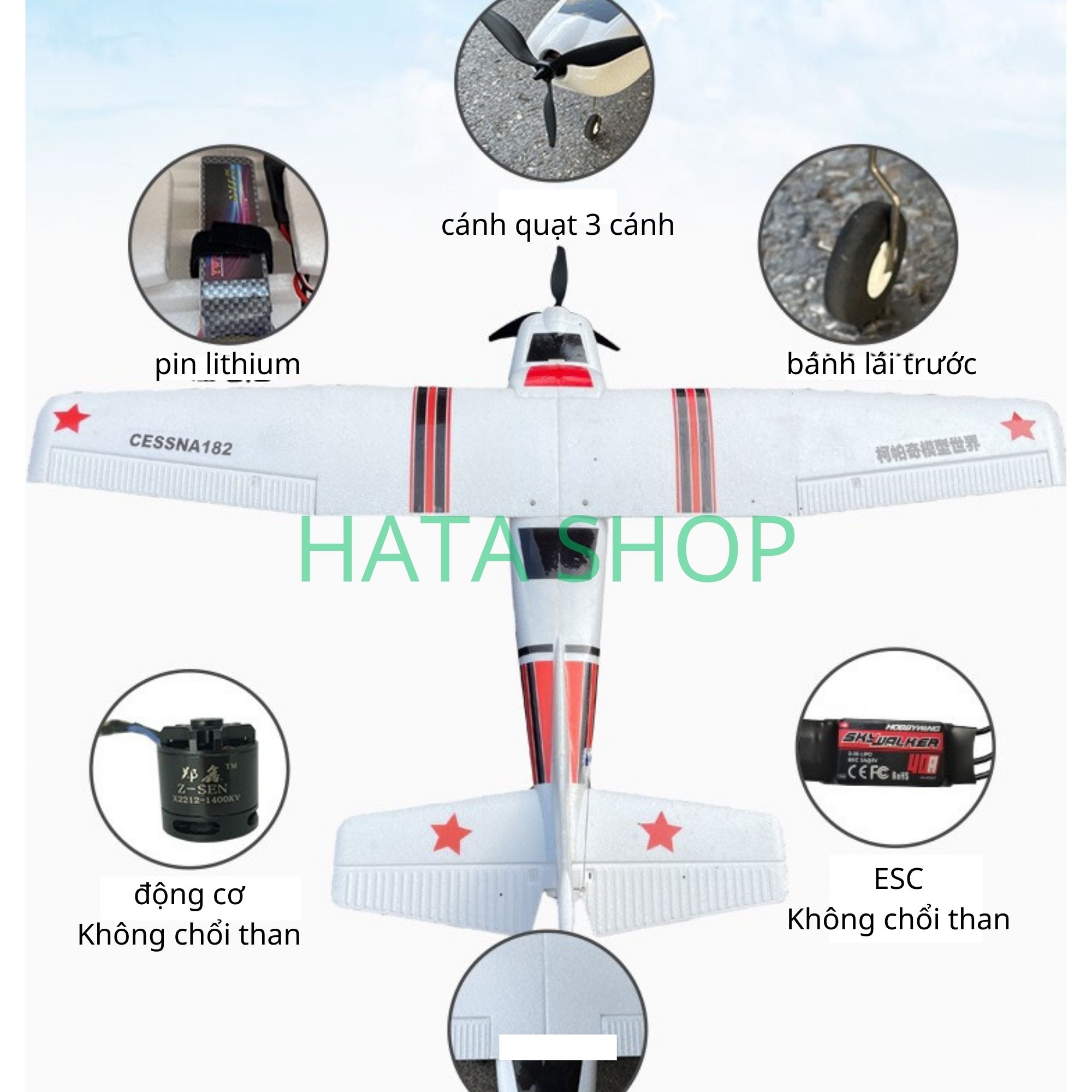 [Mẫu Mới] Máy Bay Cánh Bằng Cessna 182 Plus Sải Cánh Dài 1m2 Size Lớn Chống Rơi Vỡ Chất Liệu EPO