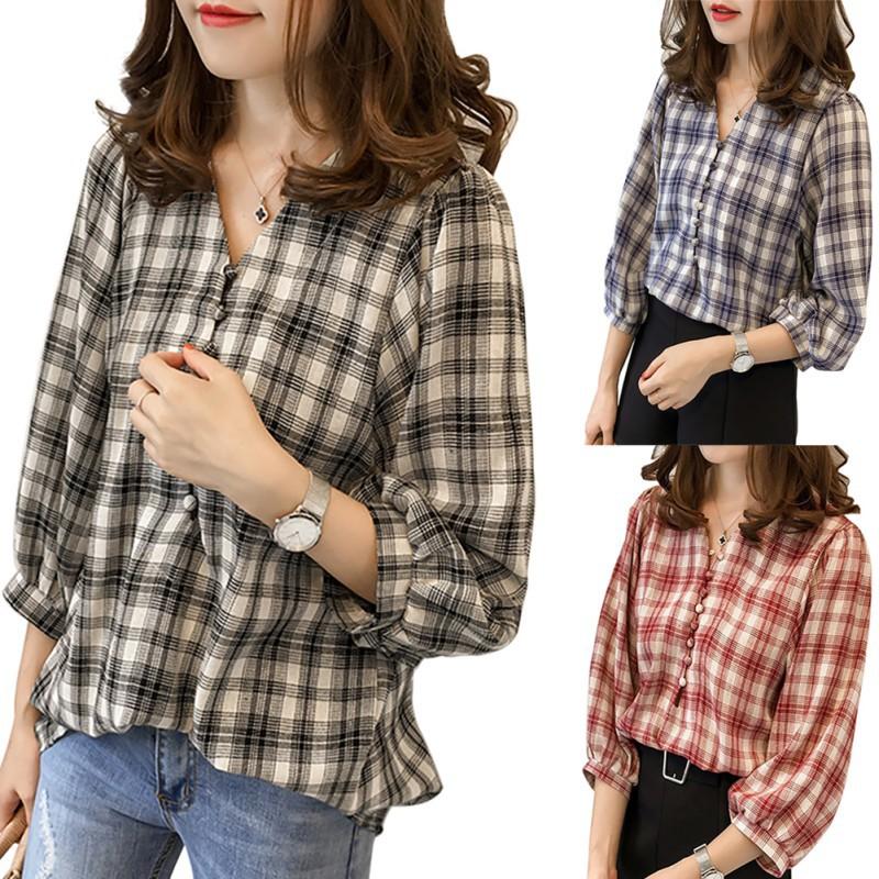 Áo tay dài cổ V kẻ sọc caro màu trơn cổ điển cho nữ