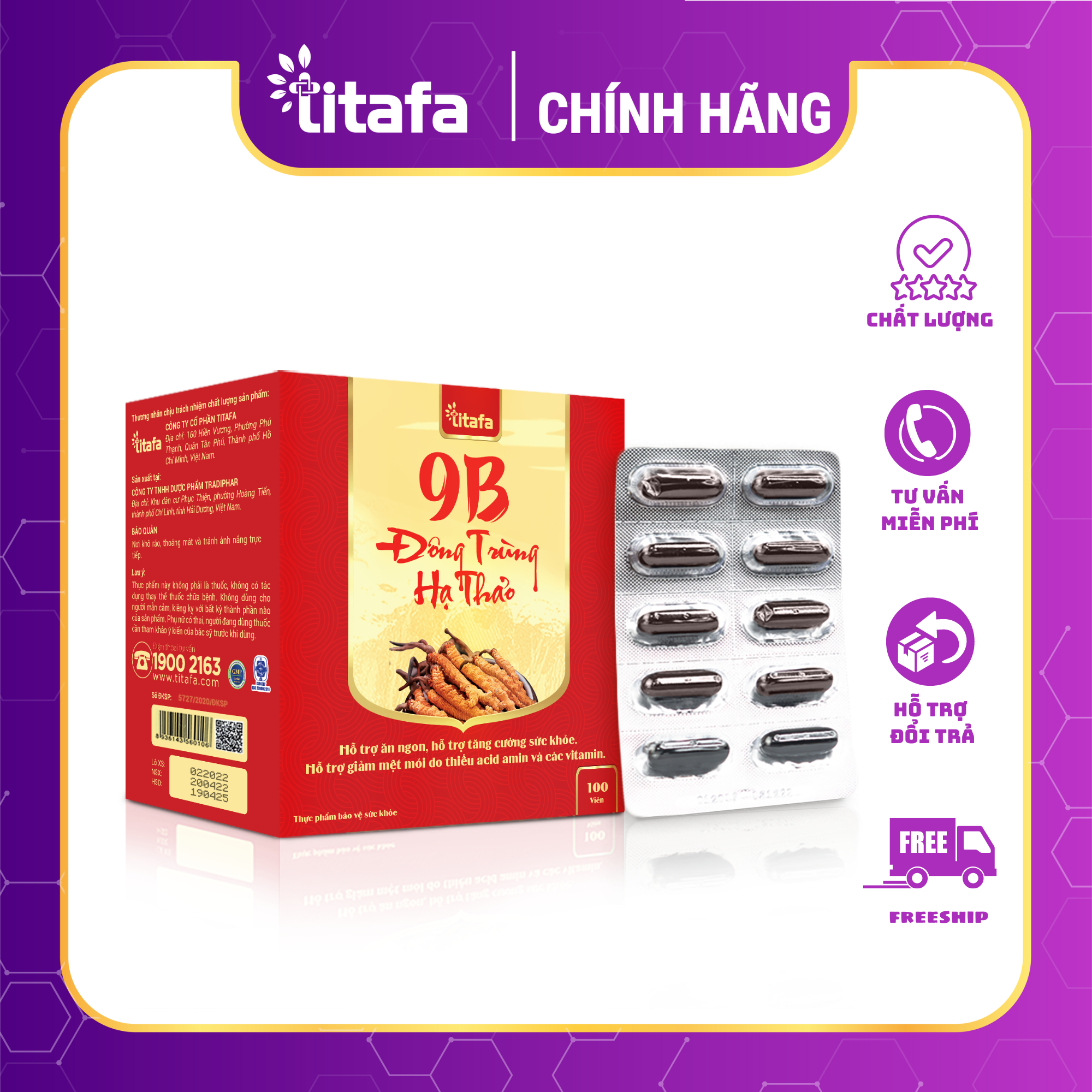 9B Đông Trùng Hạ Thảo (Hộp 100 Viên) [TITAFA] - Giúp tăng cường sức khỏe, giảm mệt mỏi