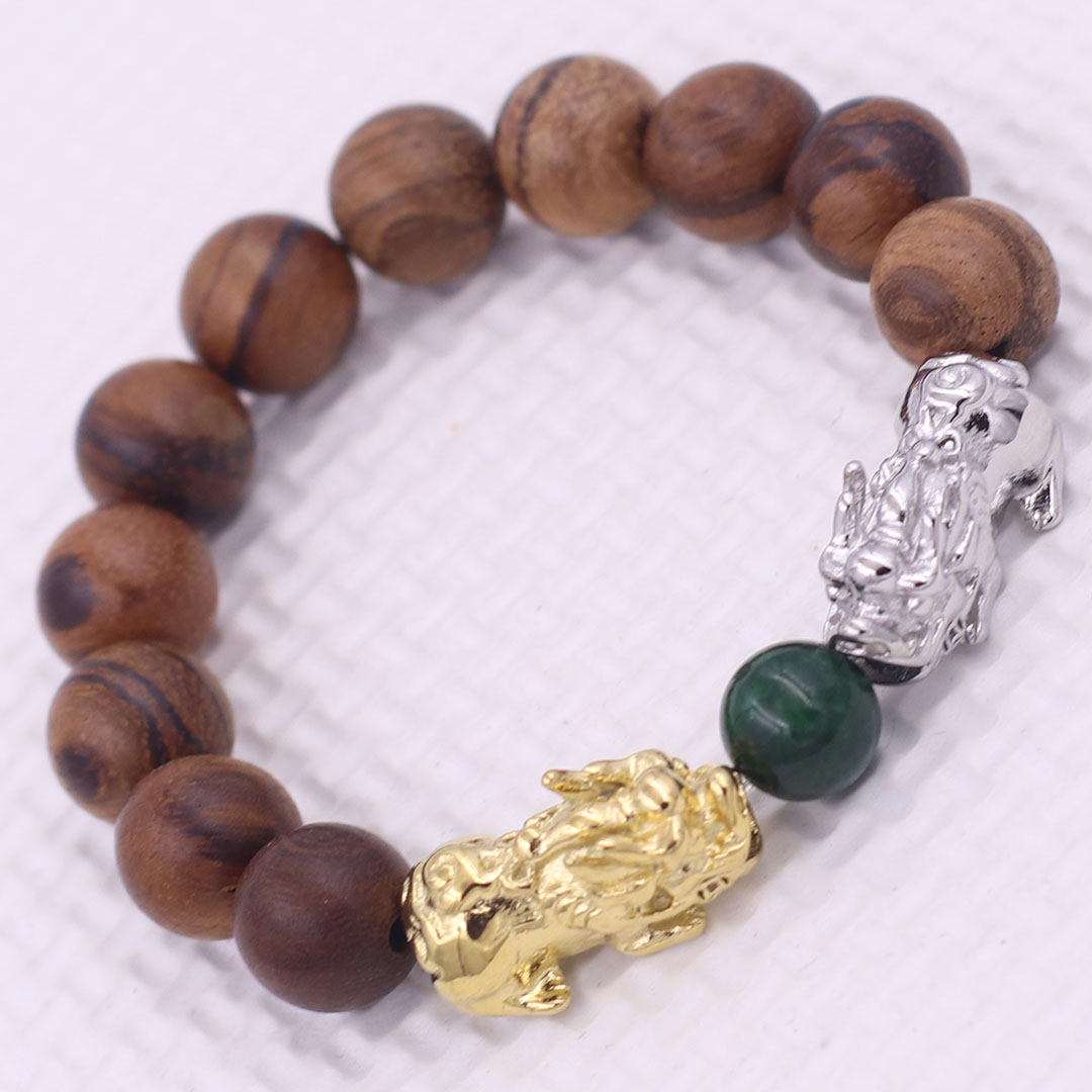 Vòng chuỗi đeo tay gỗ huỳnh đàn 12 ly charm tỳ hưu đôi inox trắng và vàng, vòng chuỗi phong thủy, charm tỳ hưu, vòng tay hạt chuỗi