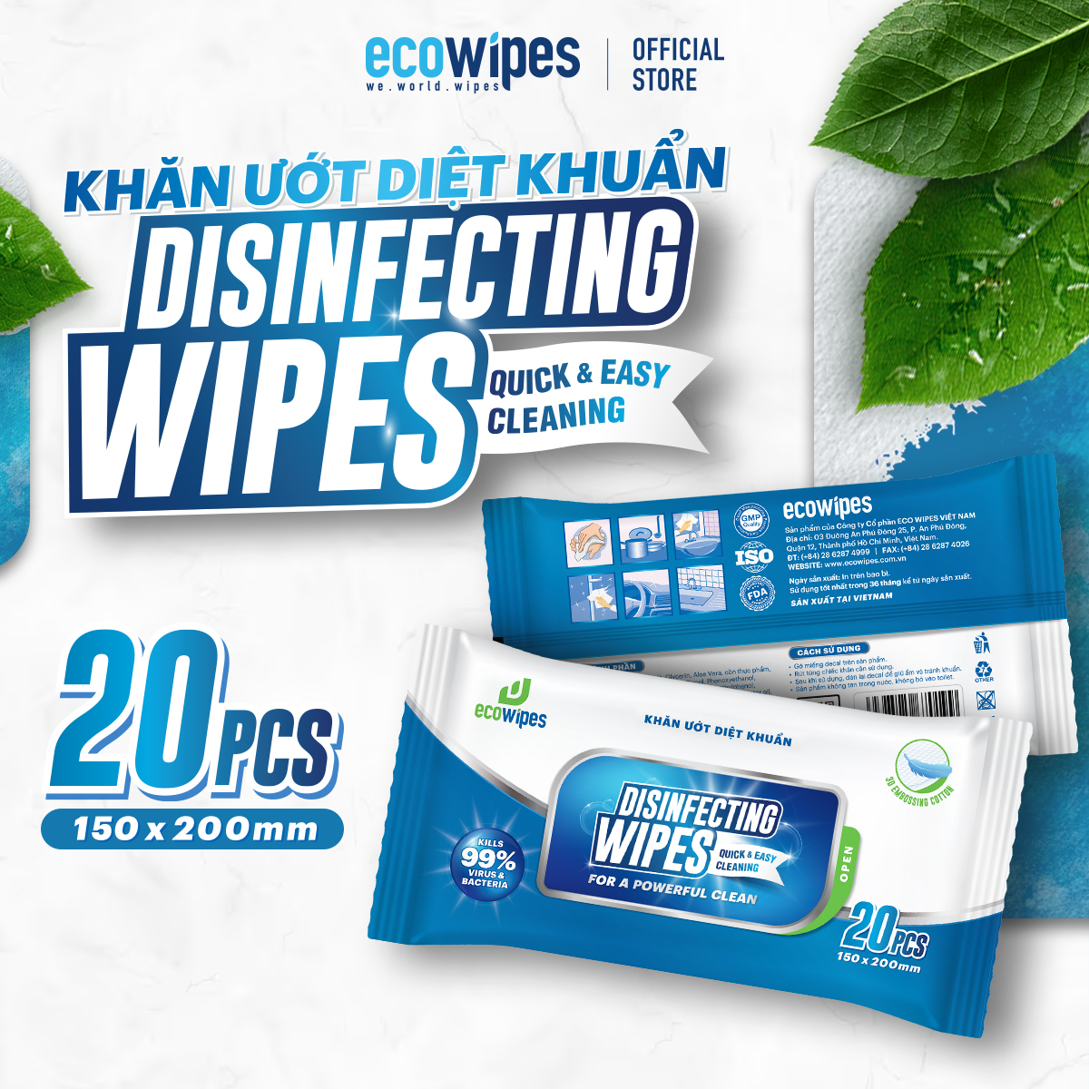 Khăn ướt diệt khuẩn Disinfecting Wipes diệt 99,9% vi khuẩn hương chanh dịu nhẹ không kích ứng da