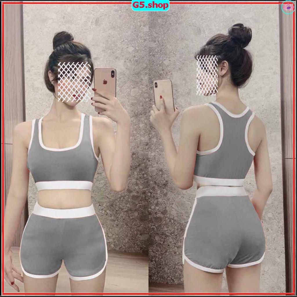 Bộ bra tập gym yoga earobic phối viền bo xiết eo kết hợp quần đùi cho nữ màu Xám Đen sét thể thao thể dục G5
