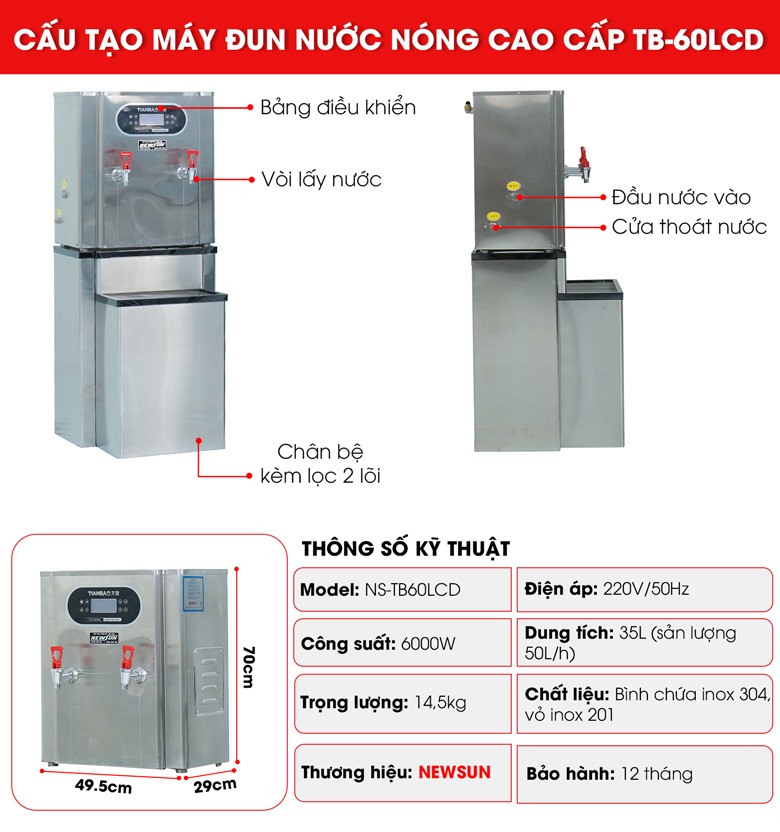 Máy đun nước nóng cao cấp TB-60LCD (50 lít/giờ) NEWSUN - Hàng chính hãng
