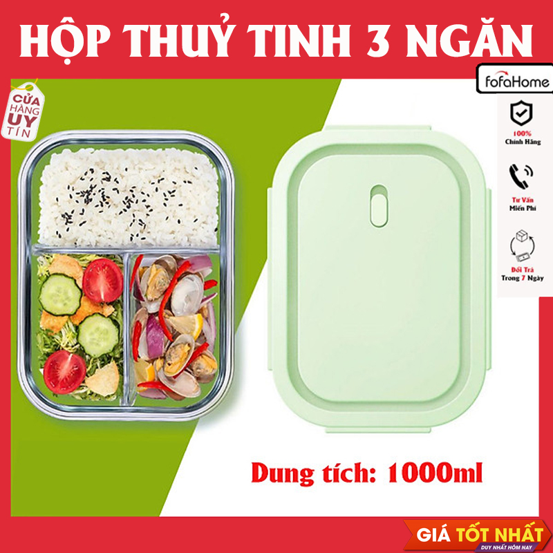 Hộp Cơm Văn Phòng Thuỷ Tinh 3 Ngăn Tiện Lợi Dung Tích 1000ml - Hộp Đựng Thực Phẩm Chịu Nhiệt Chống Tràn Có Nút Thoát Khi Dùng Được Trong Lò Vi Sóng Chọn Màu