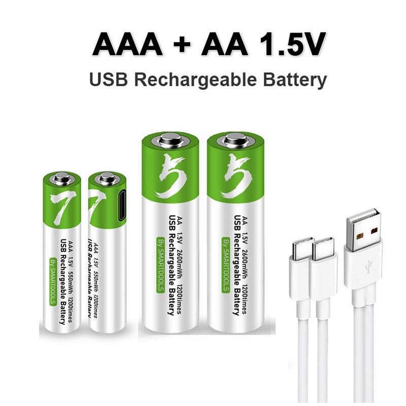 2 pin AA + AAA USB Sạc 1.5V AA 2600mWh/AAA 550mWh pin li-ion cho chuột, đồng hồ, Máy cạo râu, nhiệt kế + Cáp TYPE-C Màu sắc: 4AA AAA và 4 cáp