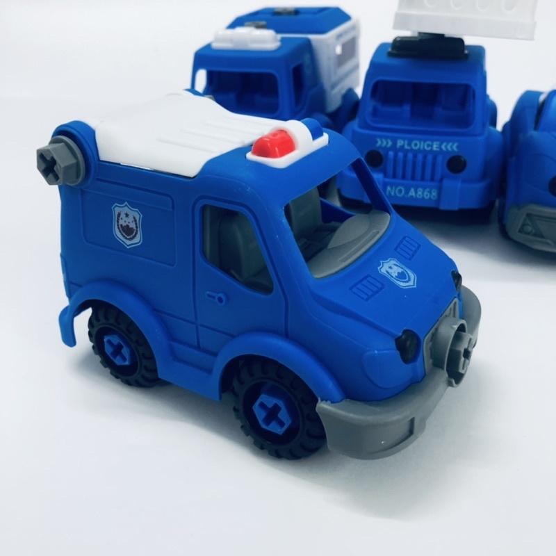 Xe ô tô cảnh sát, cứu thương, cứu hộ, combo 4 xe kèm cờ lê tua vít lắp ráp