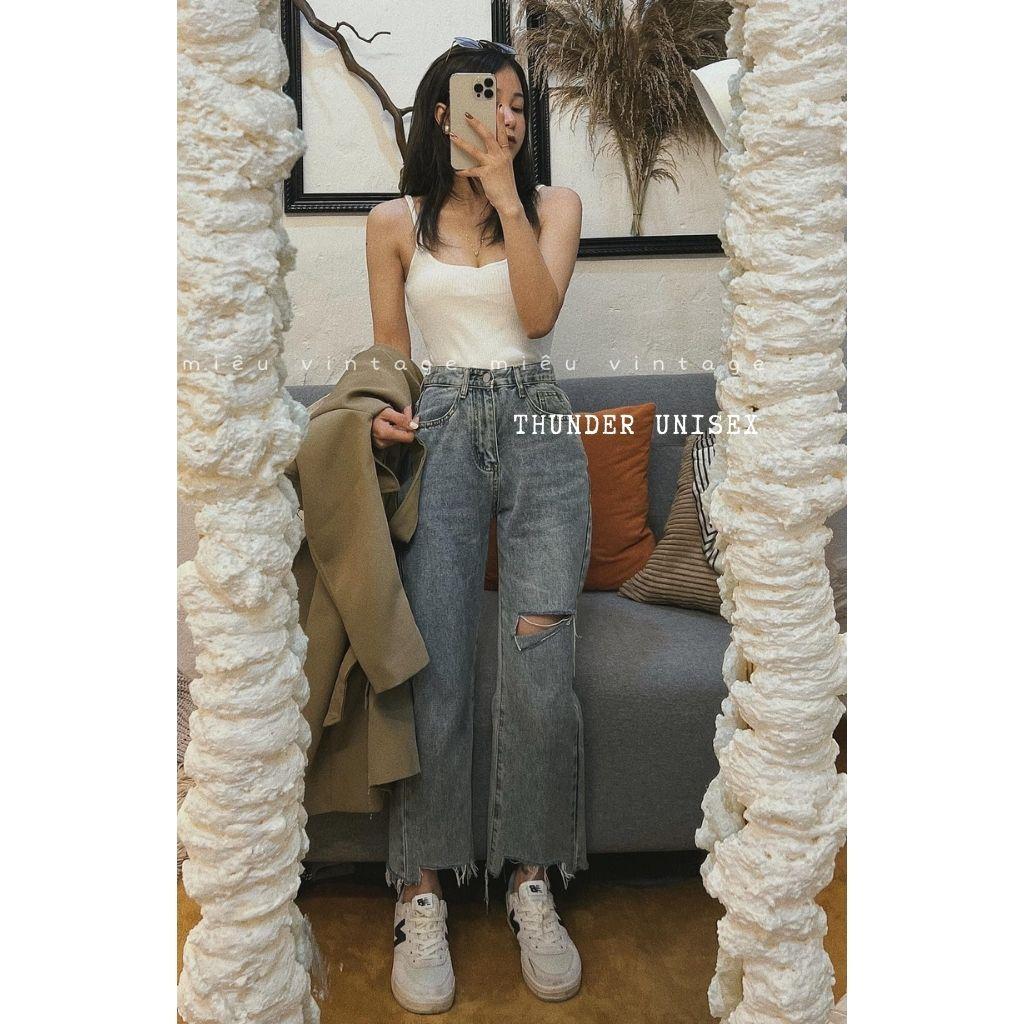 Quần Jean Nữ Ống Đứng Lưng Cao Gấu Rách Cá Tính Quần Ống Đứng Rộng ThunderUnisex Phong Cách Hàn Quốc Ulzzang