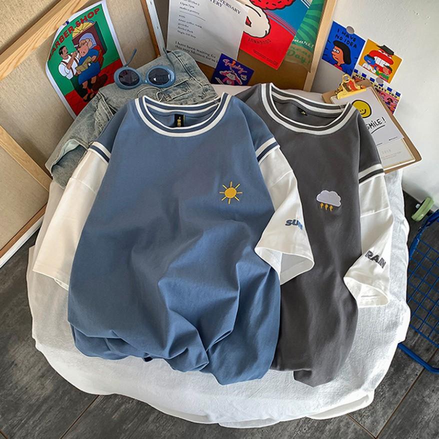 Á   Áo thun unisex tay lỡ form rộng Áo phông mặc lớp, nhóm, cặp thêu hình thời tiết
