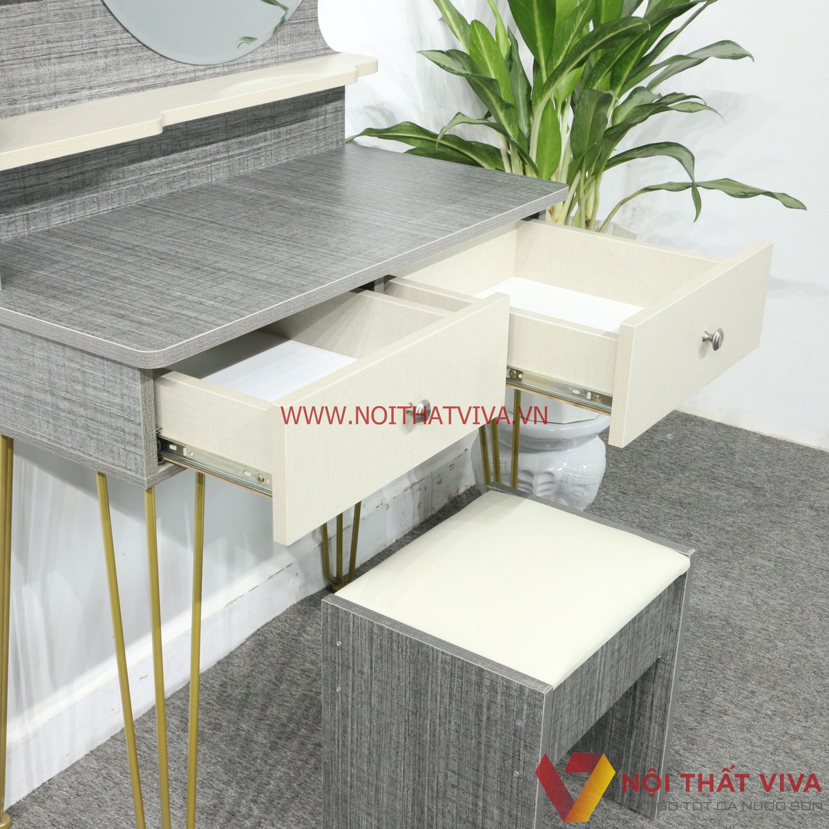 Bàn Trang Điểm Gỗ MDF Melamine Màu Vải Chân Sắt 2 Ngăn Kéo Gương Tròn