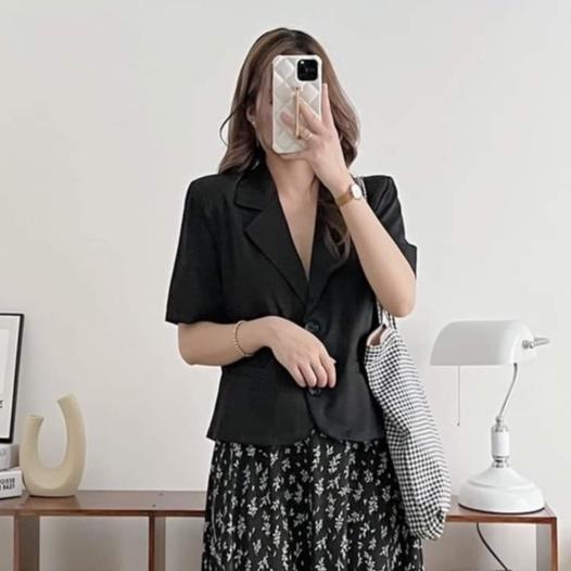 Áo Blazer Croptop Cộc Tay Độn Vai Trơn Chất Mát, Áo Khoác Vest Ngắn Tay Cơ Bản Nhiều Màu, Labibi