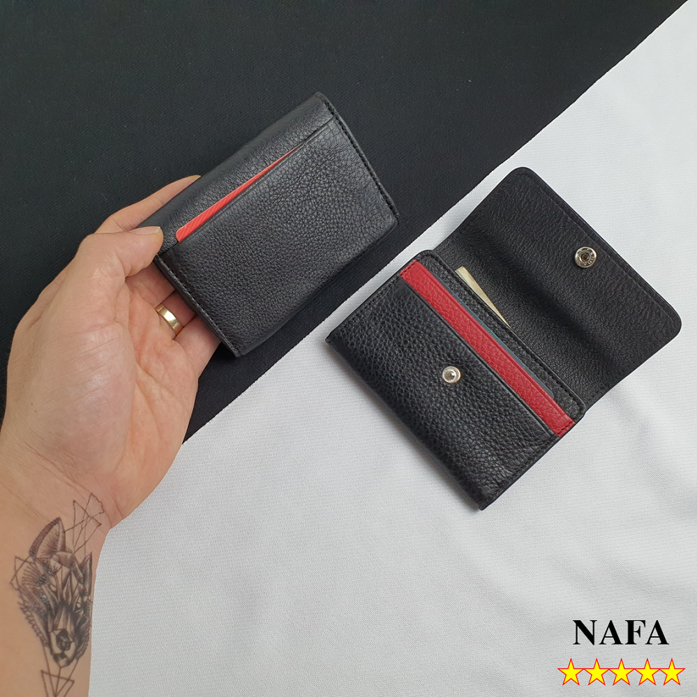 Ví mini đựng thẻ, ví đựng card da bò thật MN115 cao cấp màu đen phối đỏ tinh tế