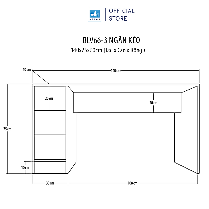 Bàn Học Tập, Làm Việc Đơn Giản Nhiều Tủ Ngăn Kéo, Chân Bàn Kết Hợp Kệ Sách SIB Decor BLV66