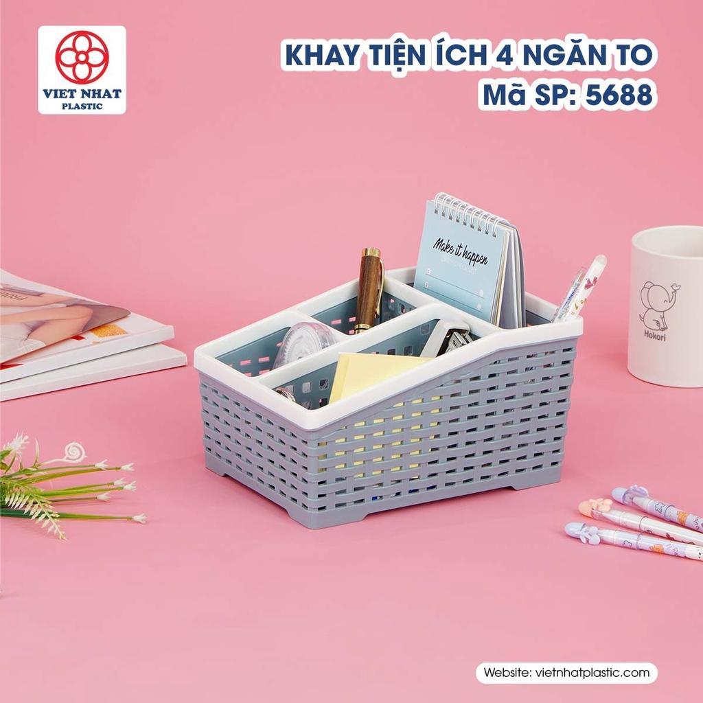 Khay nhựa tiện ích 4 ngăn TO Việt Nhật, khay 4 ngăn để bàn đựng bút, đồ dùng đa năng hàng Cao Cấp Bền Đẹp- 5688