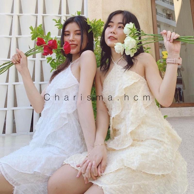 Váy Đầm cổ yếm lông vũ bèo tầng