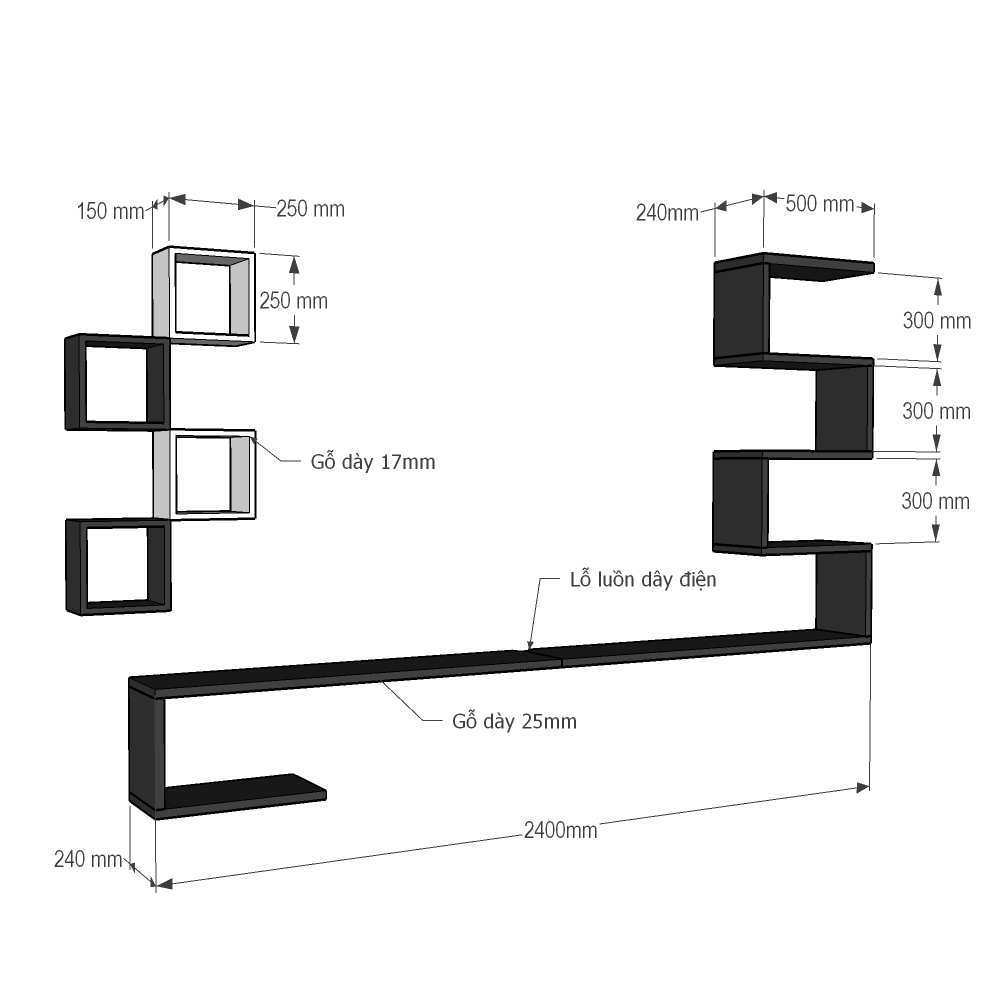 Kệ Tivi Treo Tường Phòng Khách Hiện Đại SIB Decor Gồm Khối Zic Zac Và 4 Ô Vuông, Gỗ Chống Ẩm Loại Cứng Dày Đến 25mm, Kết Cấu Treo Tường Chắc Chắn, Giấu Chân Thẩm Mỹ