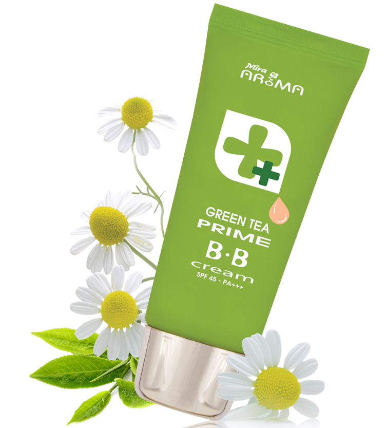 Kem Nền BB Hàn Quốc Cao Cấp Tinh Chất Trà Xanh Mira Aroma Prime Grren Tea (30ml) + Tặng Bông Tán Kem Nền, Phấn Cute Siêu Mịn Suri (2 miếng/ túi) – Hàng Chính Hãng