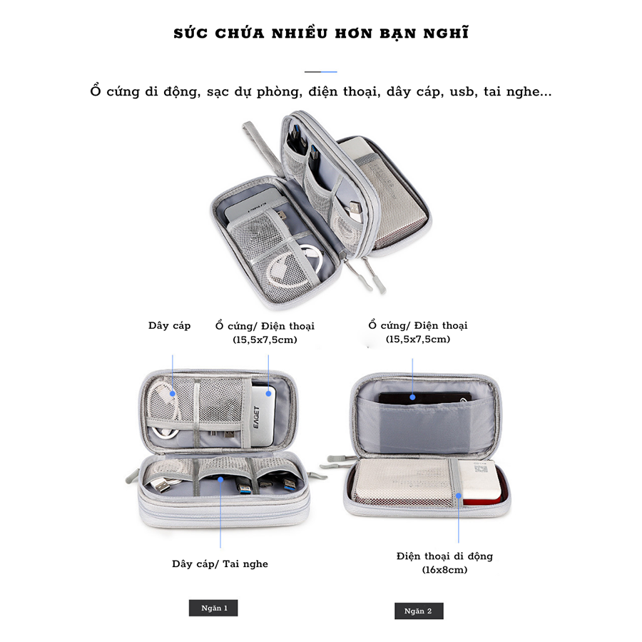 Túi Đựng Phụ Kiện Công Nghệ, Pin Sạc Dự Phòng, Điện Thoại, Cáp Sạc USB, Tai Nghe - Có Quai Cầm, Chống Nước, Nhiều Màu